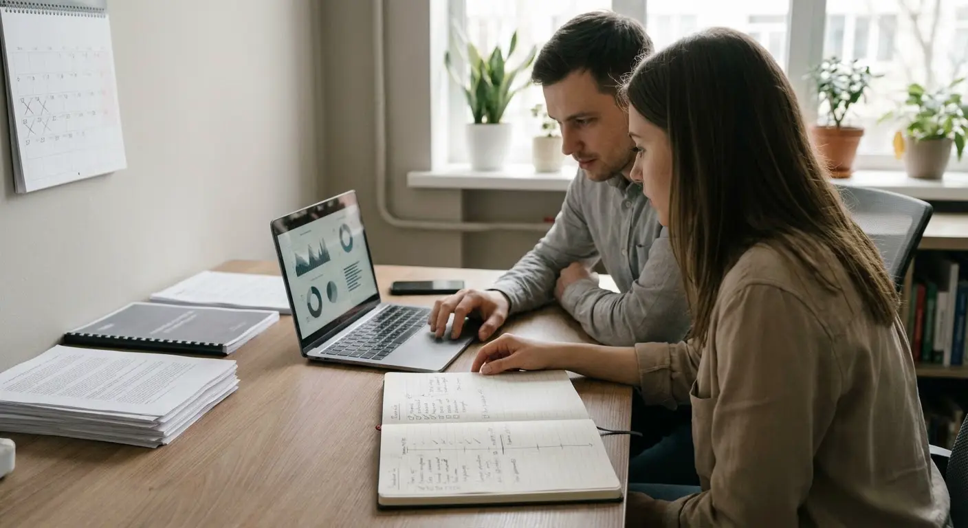 Фотореалистичная иллюстрация: маркетолог и SEO-специалист за ноутбуком смотрят на дорожную карту проекта и чек-лист работ, на столе документы договора и график, офисная атмосфера, нейтральные цвета, без логотипов и текста