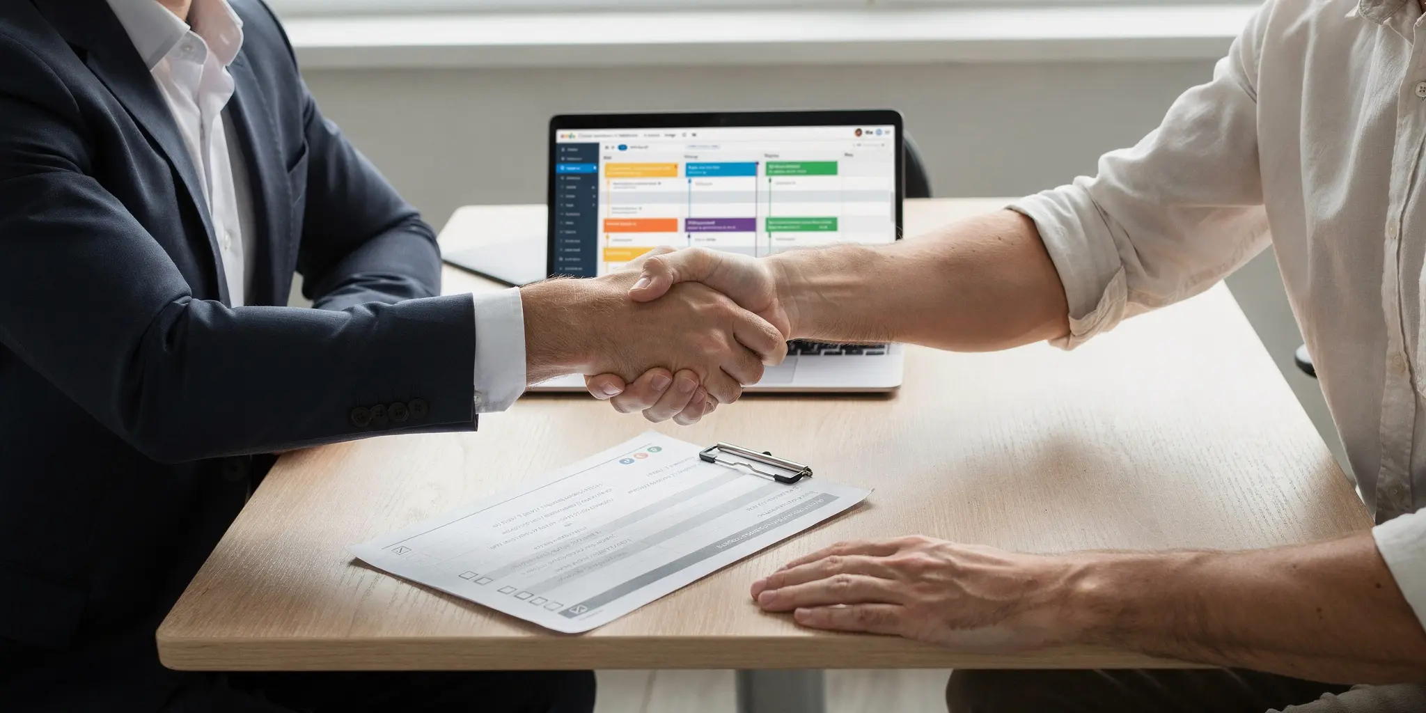 Фотореалистичное изображение: рукопожатие клиента и подрядчика над столом с чек-листом, ноутбук с открытым планом задач, атмосфера деловой встречи, без брендов и текста